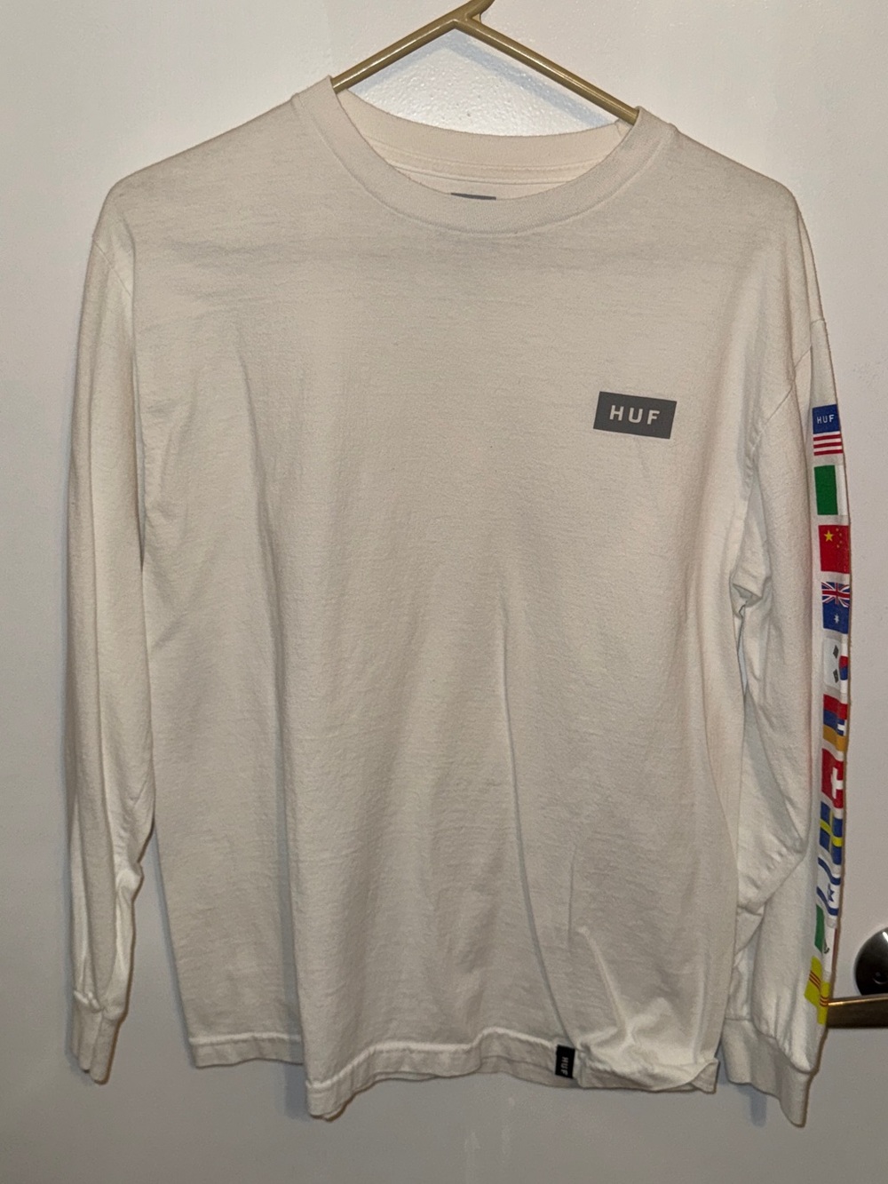 HUF Cream Long-Sleeve Tee with Flag Sleeve (fits like a small)